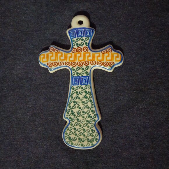 Polish pottery Cross 7 3/4” long spring pattern hand made in Poland - Picture 1 of 4